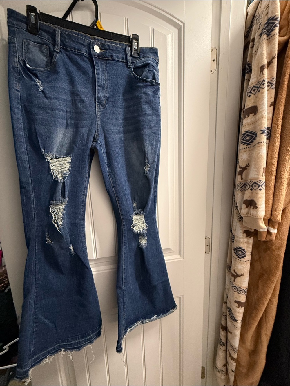 Dark Blue Distressed Flared Jeans - Mid-Rise Wide Leg
